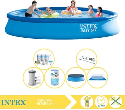 Intex Rond Opblaasbaar Easy Set Zwembad - 457 x 84 cm - Blauw - Inclusief Pomp - Afdekzeil - Onderhoudspakket - Filter - Grondzeil - Stofzuiger - 7-delig