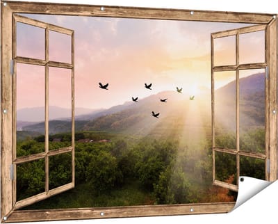 Gards Tuinposter Doorkijk Silhouet Zwerm Vogels bij Zonsondergang - 150x100 cm - Tuindoek - Tuindecoratie - Wanddecoratie buiten - Tuinschilderij