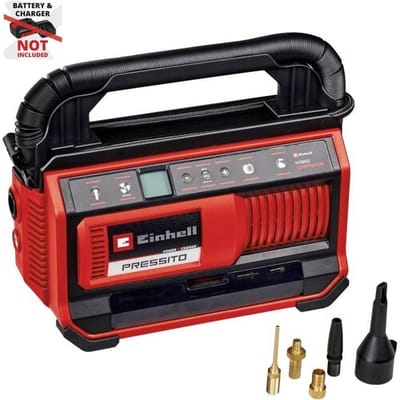 Einhell Hybride Compressor PRESSITO 18/25 Hybrid Solo - Power X-Change - 18 V/Li-ion - Aanzuigcapaciteit: max. 360 l/min - Max. werkdruk hogedrukpomp: 11 bar - Incl. 3-delige adapterset - Excl. accu en lader