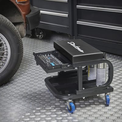 Datona® Werkplaatskruk - Met Gereedschapslade - Zacht Kussen 5 cm - Zwenkwielen - 36,5 x 36 x 37,5 cm - Zwart