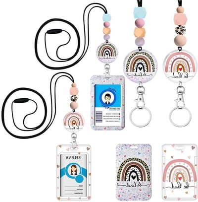 Set of 2 Rainbow Lanyards for ID Badges Reel Keys Holder, Silicone Beads Breakaway Lanyard with Cute ID Card Holder - ShopVlot
