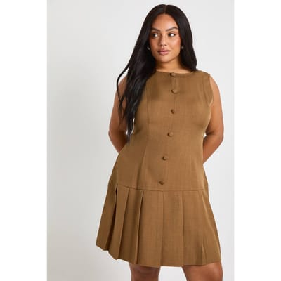 boohoo Dames Plus Geweven Met Knoopsluiting Geplooide Skaterjurk | Brown | Maat: 16