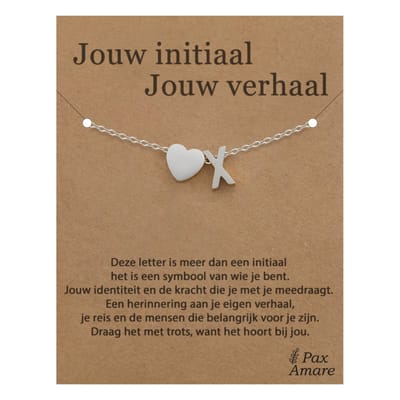 Letter X Armband op Cadeau Kaartje - Jouw initiaal, jouw verhaal - 15,5cm + 5,5cm verstelbaar Zilverkleurig Stainless Steel - Initiaal & Hartje Hanger - Pax Amare