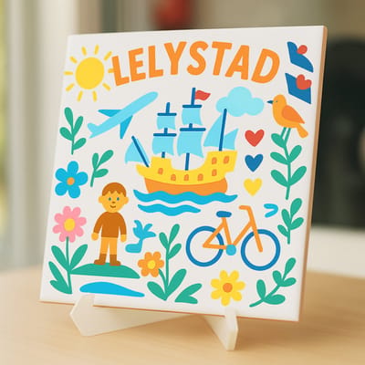 Tegeltje Lelystad - 15×15 cm – Keramiek – Decoratief Souvenir – Inclusief Transparante Houder / Ezel – Cadeau - Tegeltjes met tekst