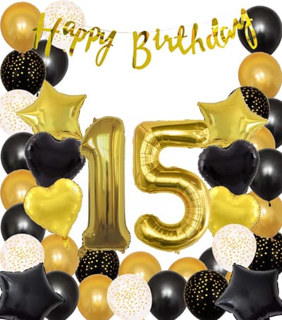 Snoes Ballonnen 15 Jaar Black Gold Dots Mega Ballon - Compleet Feestpakket Goud Zwart Stippen Cijferballon 15 - Verjaardag Versiering DIY Slinger Happy Birthday – Folieballon – Latex Ballonnen - Helium Ballonnen