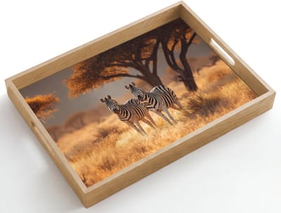Dienblad hout 50x35 cm - Schootdienblad - Zebra's - Savannelandschap - Gras - Borrelplank rechthoek - Plateau dienbladen