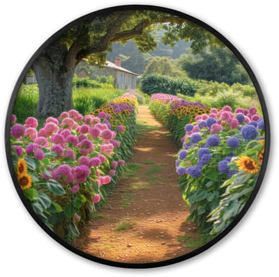 Poster in lijst Rond - Fotolijst 60x60 cm - Posters - Bloemen - Pad - Zonnebloemen - Tuin - Hortensia - Ronde posterlijst zwart - Decoratie - Wanddecoratie woonkamer - Muurdecoratie slaapkamer