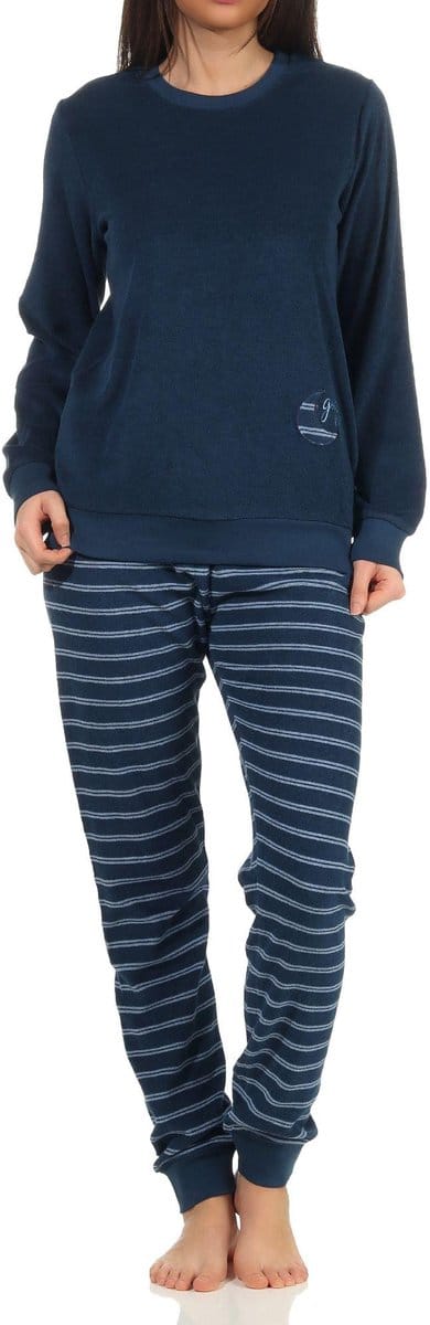 Dames badstof pyjama met manchetten - gestreepte broek, topje met maanaanzet - 212 13 800