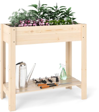 COSTWAY Verhoogd bloembed met plank, verhoogd tuinbed van hout, plantenbak met afwatering, groentebed, kruidenbed, groot, voor balkon, tuin, terras, 81 x 37 x 77 cm, naturel