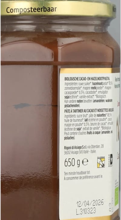 Nocciolata Cacao- en Hazelnootpasta Biologisch - 650 gr