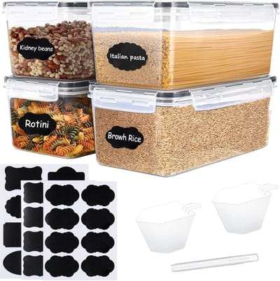 4 stuks pasta-opslagcontainers met deksel, 3 etiketten, 2 maatbekers, 1 markeerpen, 3,2 l keuken luchtdichte container, rechthoekige voedselpotten, stapelbare plastic doos voor opslag spaghetti, lange