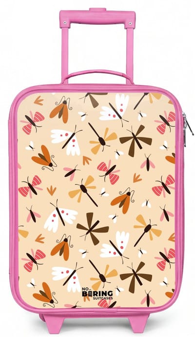 NoBoringSuitcases.com® - Kinderkoffer roze - Kindertrolley meisje - Insectenpatroon in bruin, roze en oranje op beige achtergrond - Koffer kind lichtgewicht - Reiskoffer trolley voor kinderen - Koffertje met lichtgevende wieltjes - Rolkoffer