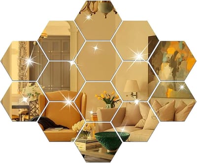 SnelShoppen - DIY Wandstickers Acryl Spiegel Sticker Set 12 Stuks, Hexagonale Wandspiegels voor Woonkamer Slaapkamer Decoratie (Goud)