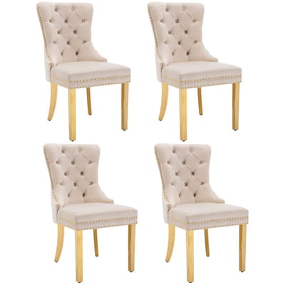 YEHTOKHOME Set van 4 Fluwelen eetkamerstoelen, Keukenstoel woonkamerstoel met deurklopper, Gestoffeerde stoel met klinknagels, Eetkamerstoel in vintage stijl, Gouden metalen poten, Beige, b 51 x d 65.5 x h 95 cm
