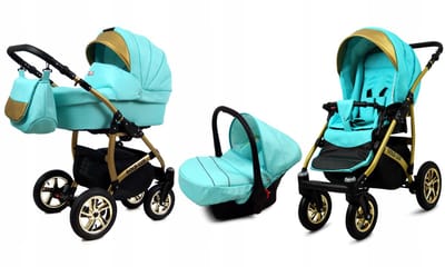 BabyLux® Kinderwagen 3in1 – GOLDLUX - MINT GOLD FRAME - Opklapbare Wandelwagen incl. Reiswieg, Multifunctionele Buggy Sportstoel, Autostoel - Combi-kinderwagen met Luiertas, Regenhoes, Klamboe, Bekerhouder, etc.