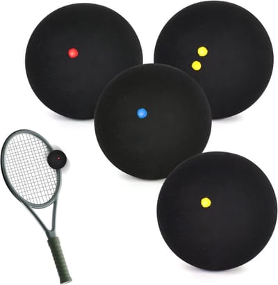 Set van 4 Squashballen voor Beginners en Competities - Dubbele Gele Dots, Enkele Rode en Blauwe Dots, Hoge Stuiterkwaliteit
