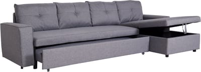 Hoekbank met bed box MCW-L16, bank L-vorm, ligvlak links/rechts nosagvering stof/textiel 290cm ~ grijs