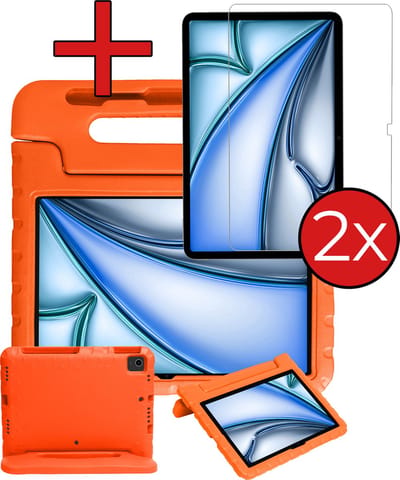 Hoesje - Geschikt voor Apple iPad Air (2024/2025/2026) - 11 inch - Met 2x Screenprotector - Kinderhoes - Shockproof Bumper - Kidsproof Case - Tablethoes - Kinder Hoes Cover - Oranje