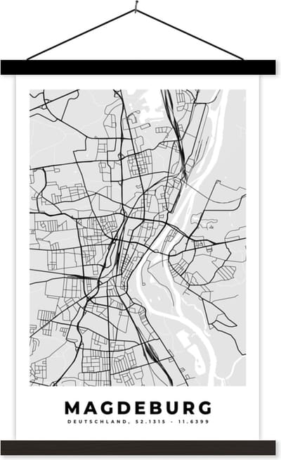 Posterhanger incl. Poster 40x60 cm - Schoolplaat - Kaart - Stadskaart - Duitsland - Magdeburg - Plattegrond - Textielposter - Zwarte latten - Stadskaart