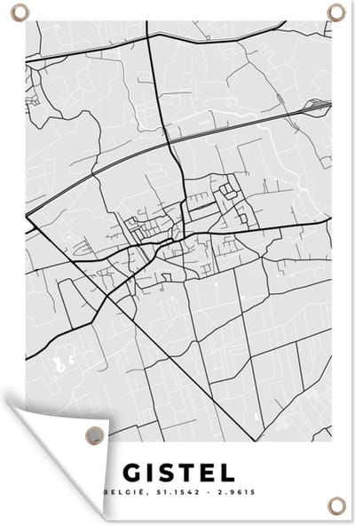 Muurdecoratie Stadskaart – Plattegrond – België – Zwart Wit – Gistel – Kaart - 120x180 cm - Tuinposter - Tuindoek