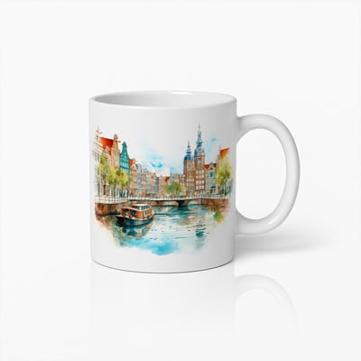 Amsterdam Gracht Waterverf Kunst Mok – Pittoresk Nederlands Stadsgezicht Koffiekop – Perfect Cadeau voor Reizigers en Kunstliefhebbers