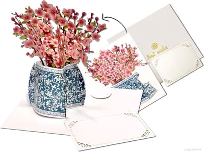 Popcards popupkaarten – Schitterende roze bloemen Sakura bloesem in Delfts blauwe vaas pop-up kaart 3D wenskaart