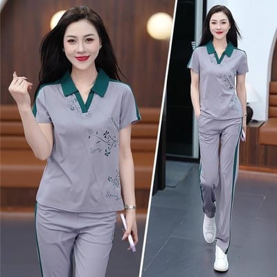 Mode Revers Casual Sportpak Dames Zomer Gedrukt Korte Mouw Broek Tweedeelig Pak 4XL grijze kleur