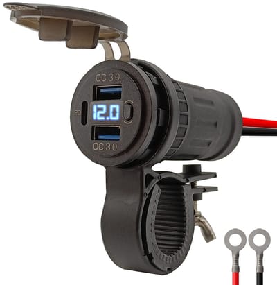 ProRide 12V USB Lader Motor - USB C Aansluiting Motor - 3 Poorten met Schakelaar/Voltmeter - QC3.0 - Voor Motor en Motorfiets - Blauw