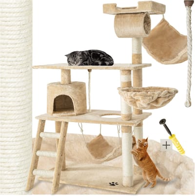 tectake® Kattenkrabpaal 141 cm – Krabpaal, Klimboom met Hangmat, Grot, Speeltouw en Trap – Pluche & Sisal – Extra Breed – Kattenhuis voor Binnen – Beige