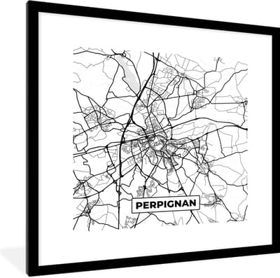 Fotolijst incl. Poster Zwart Wit- Frankrijk - Plattegrond - Perpignan - Stadskaart - Kaart - Zwart wit - 40x40 cm - Posterlijst