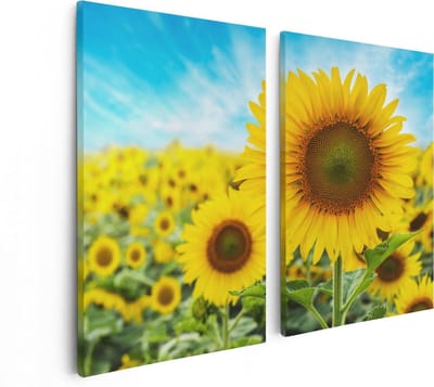 Artaza Canvas Schilderij Tweeluik Zonnebloemen Veld  - 80x60 - Foto Op Canvas - Canvas Print