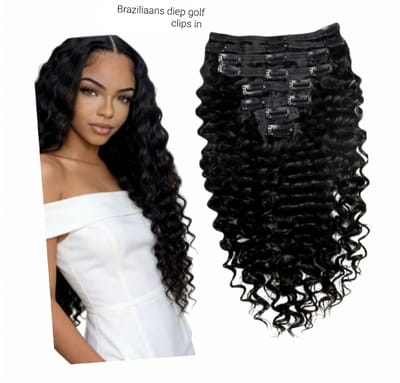 Frazimashop Clip-in Extensions 14 Inch (35 cm) – Braziliaans Remy Human Hair – Diep Golf (Deep Wave) – Kleur 1B Natural Black – 87g – 7 Stuks – Echt Haar Extensions