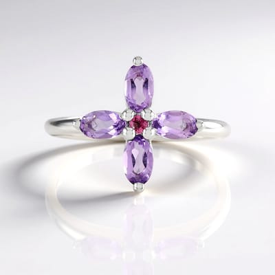 Cavill - Zilveren ring platina-geplateerd - 0,801 ct Lavendel Amethist ovaal uit Brazilië en 0,032 ct roze Toermalijn - Elegante ovale edelstenen ring