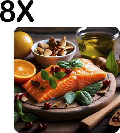 Luxe Placemat - Zalm met Noten op Houten Bord - Set van 8 Placemats - 50x50 cm - 2 mm dik Vinyl - Anti Slip - Afneembaar