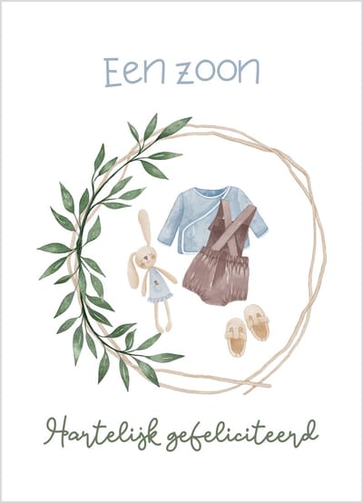 Wenskaart een zoon gefeliciteerd krans kleding konijn – 10x15 cm – stevige kaart 400 grams – inclusief kraft envelop – geboortekaart jongen
