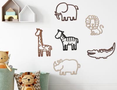 wanddecoratie safaridieren, set van 6, wanddecoratie, kinderkamer, babykamer , houten wanddecoratie, 5 mm hout