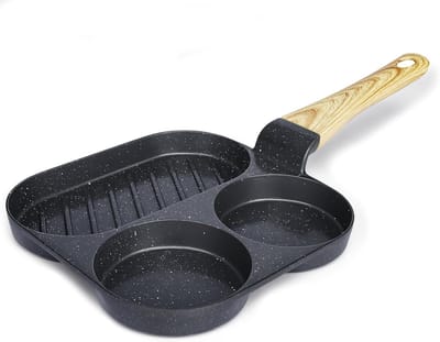 Omeletpan 3 Gaten - Koekenpan Pannenkoeken - Ontbijt Bereiden - Antiaanbak Graniet - 3 Compartimenten - Grijs