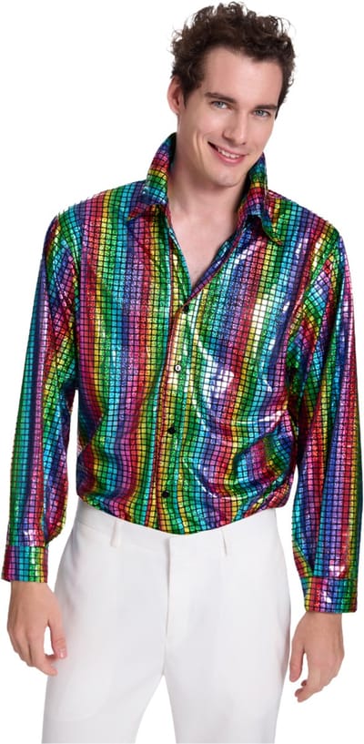 Joya Party® Disco Overhemd Heren | Metallic Regenboog | 70s 80s Disco Shirt | ABBA verkleedpak Mannen | Carnaval & Thema Feest | Dance Blouse Volwassenen | Maat M/L
