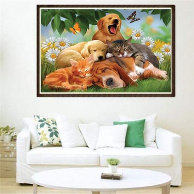 Diamant peinture bricolage diamant peinture dormir chat et chiens broderie décor à la maison diamant mosaïque 20X30CM beige