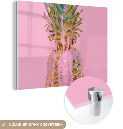 MuchoWow® Glasschilderij 40x30 cm - Schilderij acrylglas - Verf - Ananas - Roze - Zomer - Foto op glas - Schilderijen