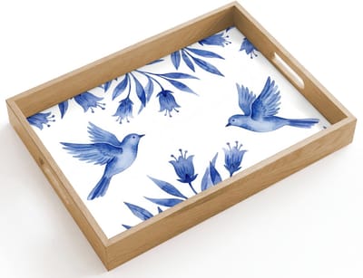 Dienblad hout 40x30 cm - Schootdienblad - Modern - Vogels - Delfts - Blauw - Borrelplank rechthoek - Plateau dienbladen