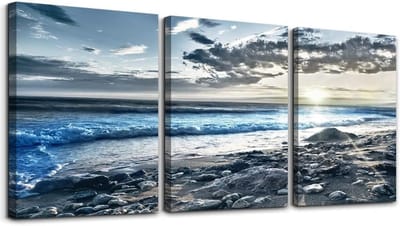 Famanu – Moderne canvas schilderijen set van 3 – zonsopgang blauw strand – wanddecoratie voor woonkamer/badkamer/keuken/slaapkamer