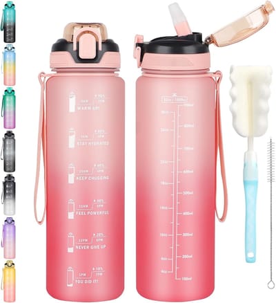 Famanu - 1 Liter Drinkfles, sportfles, vaatwasmachinebestendig, lekvrije rietjesfles met tijdmarkering, niet giftig, voor hardlopen, fietsen, fitnessstudio, school, bureau, Roze kleurverloop.