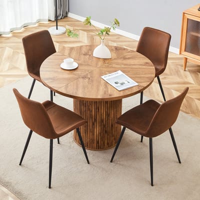 MODFU - Eetkamerset - Ronde Tafel Met Stoelen - Scandinavisch - Eetkamer - MDF Metaal En Stof - Bruin Zwart Houtlook - 100 Cm