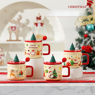 Leuke Kerst Keramische Mok Kantoor Hoge Waarde Waterbeker met Deksel Thuis Ontbijtbeker Souvenir Cadeau Beker 301-400ml white