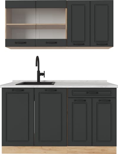 Vicco R-Line Eenpersoonskeuken – 140 cm, WB Marmer Antraciet landhuis/gouden eik