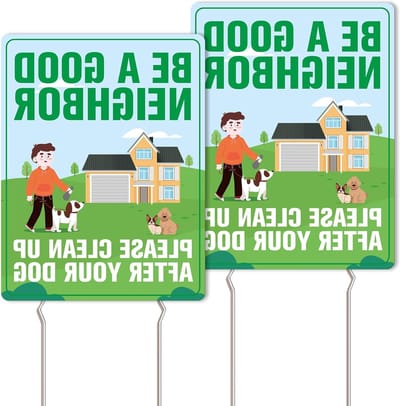 Twee dubbelzijdige borden voor hondenpoep opruimen met 4 metalen palen, weerbestendige signalisatie voor in de tuin, ideaal voor hondenbezitters en huisdierenliefhebbers (10.2" x 13.4")