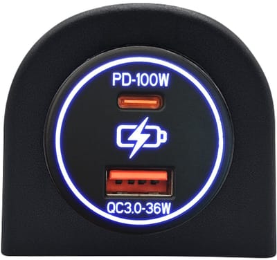 ProRide 12-24V USB/USB C Autolader 2 Poorten Opbouw - 100W+36W QC3.0 - Snellader - Enkelvoudig Paneel - Blauw