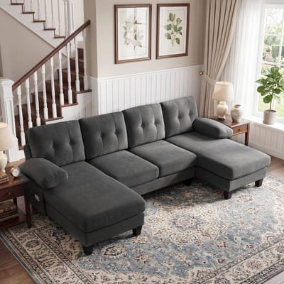 REDOM - U-Vormige Bank - Dubbele Chaise Longue En Opbergtassen - Modern - Chenille - Grijs - 268 x 128 x 84 cm