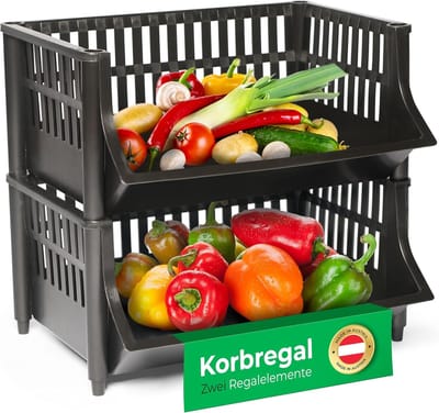 Novaliv 2-delige mandplank zwart, stapelbaar en uitbreidbaar, planken voor voorraadkast, voedselplank, fruitplank, kelderopslagsysteem, appelplank, stapelmand, stapelplank van kunststof